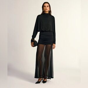 Commense Turtleneck Long Sleeve Drape Ruched Mesh Dress